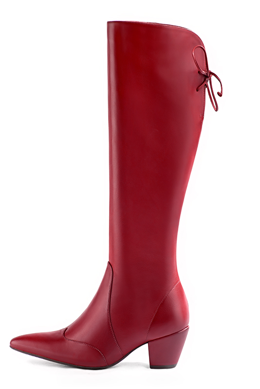 Cardinal red women's knee-high boots, with laces at the back. Tapered toe. Medium cone heels. Made to measure. Profile view - Florence KOOIJMAN